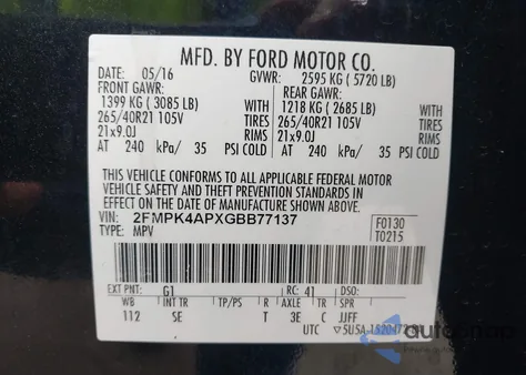 2016 Ford Edge Sport z USA, uszkodzony, nr VIN 2FMPK4APXGBB77137